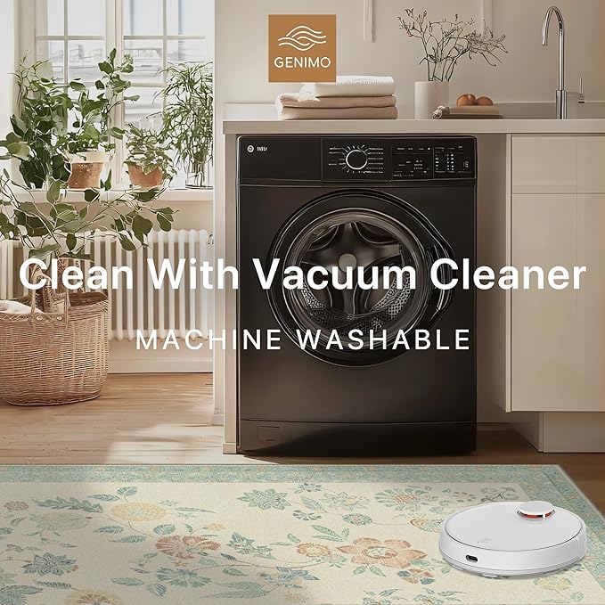 GENIMO 8x10 Area Rugs for Living Room, Machine Washable Non Slip Vintage Rugs, Low Pile Lightweight Chenille Print Rug for Bedroom, Dining Room, Home Office, Beige/Green