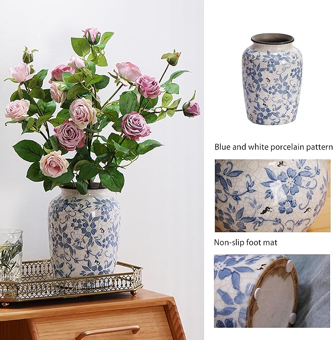 Denique Vintage Blue and White Porcelain Vase Ceramic Vase for Home Decor, Retro Crack Blue Flower Vase Pottery Vase Chinoiserie Decor