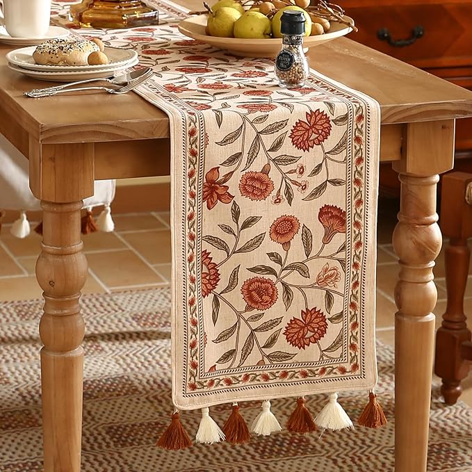 Designer Elegant Linen Table Runner 71 Inches Long,Vintage Orange Floral Pattern Table Runners for Dining Tables,Kitchen Decor,Thanksgiving,Christmas,Banquet,12"*71"-Alvarado A