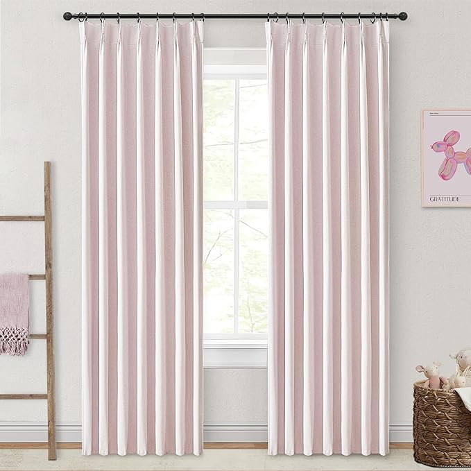Pale Pink Preppy Linen Pinch Pleated Curtains 108 Inches Long Complete Blackout for Bedroom Funky Cute Window Curtains Noise/Heat Blocking Heavy Insulated Drapes for Winter/Summer Hooks&Rings Included