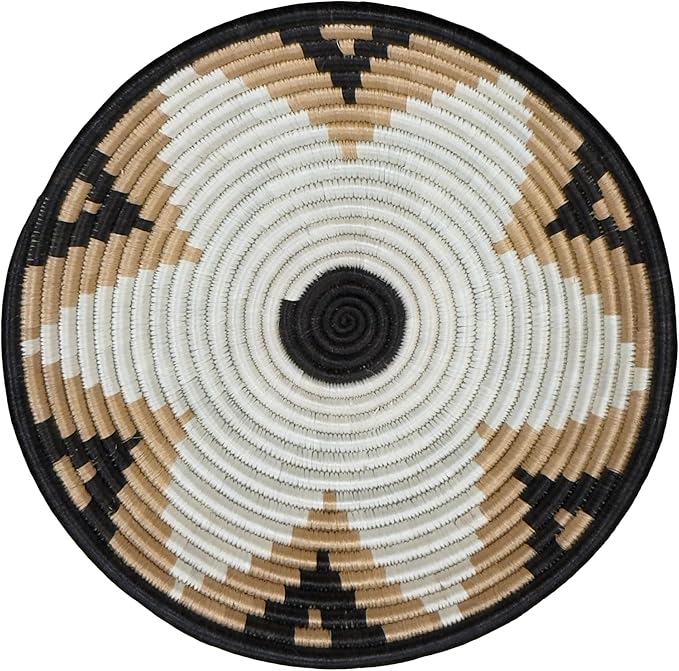 Handwoven African Basket Handmade sisal Fruit Bowl Wall Hanging decorative Baskets for Home Living Room Kitchen Centerpiece Zen Designs Arts and Crafts (Black Beige White, 10in diameter)