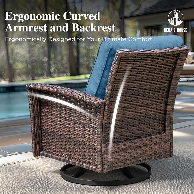 HERA'S HOUSE Outdoor Wicker Swivel Chairs with 5.5" Thick Cushions, 35" High Back Patio Chairs Set of 2, Deck Balcony Backyard Furniture, Navy Blue