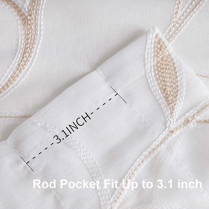 VISIONTEX White Sheer Voile Curtains, Decorative Beige Leaves Embroidery Faux Linen Rod Pocket Window Drapes for Home Kitchen, Living Room and Bedroom 54 x 63 Inch, Set of 2 Curtain Panels