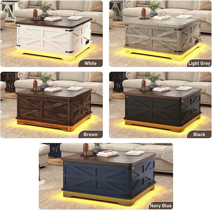 36" Farmhouse LED Lift Top Coffee Table with Storage and Power Outlets, Square Wood Living Room Tables with LED Lights & Large Hidden Space, Lift Wooden Barn Door Center Table, Navy Blue