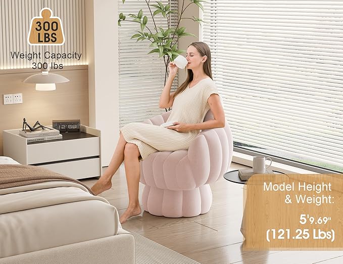 Mid Century Modern 360 Degree Barrel Swivel Accent Sofa Chair,Fluffy Velvet Fabric Lounge Wide Upholstered Pumpkin Reading Chair, Round Cloud Armchair for Living Room,Bedroom,Vanity(Pink)