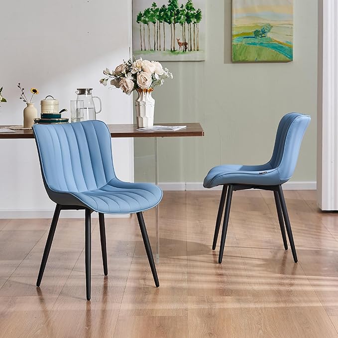YOUNUOKE Mid-Century Modern Dining Chairs Set of 2, Blue PU Leather Upholstered Kitchen Chairs with Black Metal Legs, Armless Accent Chair for Dining Room, Guest Reception Room