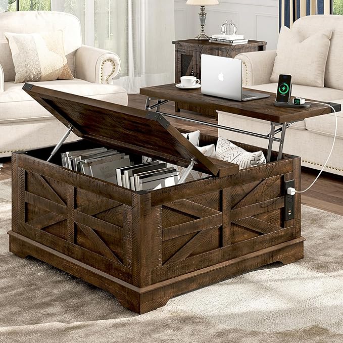 36" Farmhouse Movable Lift Top Coffee Table with Storage and Power Outlets, Square Wood Living Room Tables with Wheels&Large Hidden Space, Lift Wooden Barn Door Center Table, Brown
