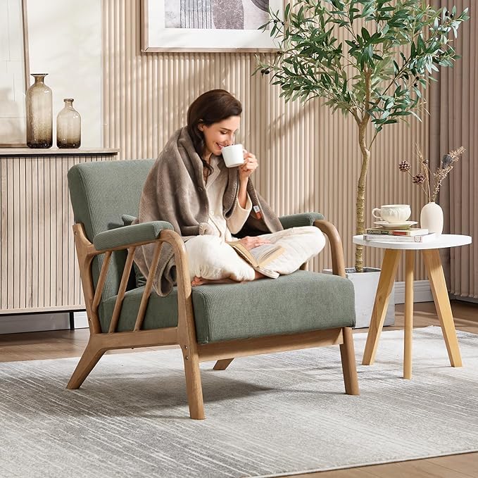 ANJ Mid Century Modern Accent Chair，Living Room Chairs with Wood Frame &Lumbar Pillow, Upholstered Reading Armchair for Bedroom