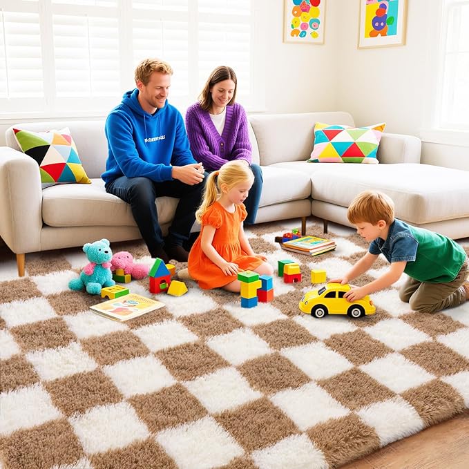Checkered Rugs for Bedroom, 4x6 Ultra Fluffy Fuzzy Shag Area Rug for Living Room, Modern Plush Soft Upgrade Non-Slip Carpet for Kids Girls and Boys Room Dorm Nursery Home Decor, Cream and Camel