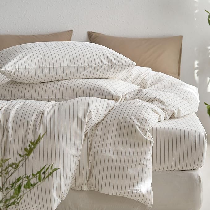 MooMee Striped Duvet Cover Set 100% Washed Cotton Linen Like Textured Breathable Durable Soft Comfy (White Tannish Linen Grey Wide Stripes, Palatial King/Oversized King 120"x98")