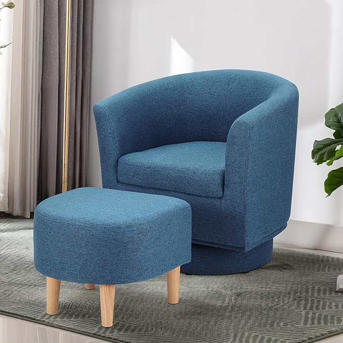 DAZONE Accent Chairs Set of 2, Blue Barrel Chair with Ottoman, Comfy Armchair for Small Spaces, 360° Modern Fabric Lounge Chair for Living Room, Bedroom, Reading Nook, Home Office
