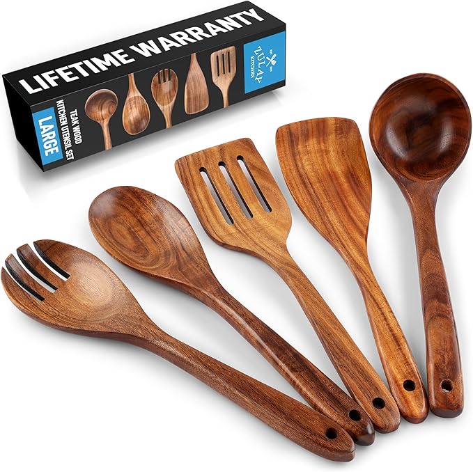 Zulay Kitchen Extra-Large 5-Piece Wooden Spoon Set - Smooth Teak Cooking Utensils - Comfort-Grip Non-Stick Turner, Spatula, Skimmer, Fork, Serving Spoon