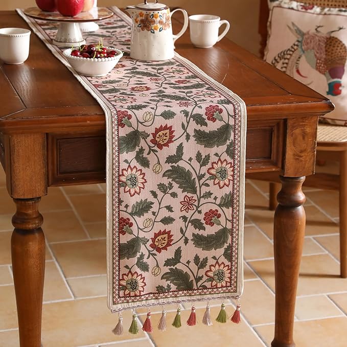 Designer Provence Elegant Linen Table Runner 71 Inches Long,Flower and Leaves Pattern Durable Table Runners for Dining Tables,Thanksgiving,Kitchen Tables,Christmas,12"*71"-Ratina