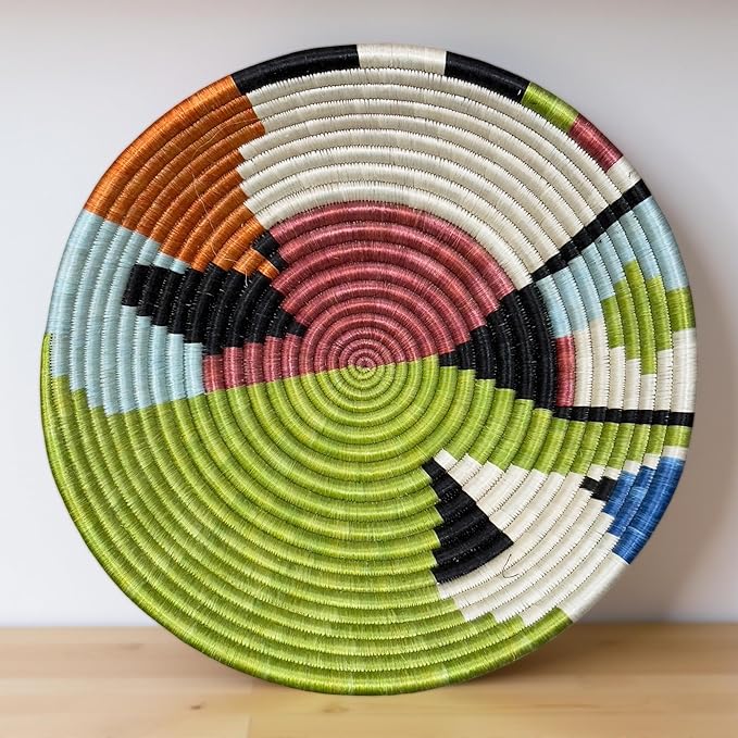 Handwoven African Basket Handmade sisal Fruit Bowl Wall Hanging decorative Baskets for Home Living Room Kitchen Centerpiece Zen Designs Arts and Crafts (Olive Green Red, 8in diameter)