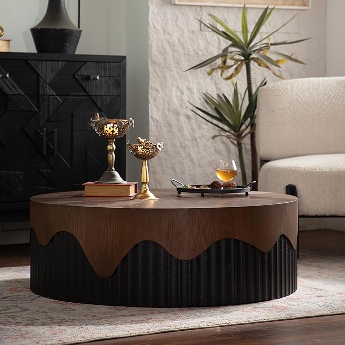 Round Coffee Table, 38.97" Circle Accent End Table, Morden Drum Side Table, Fluted Wooden Center Table for Living Room, Fully Assembled - Walnut and Black