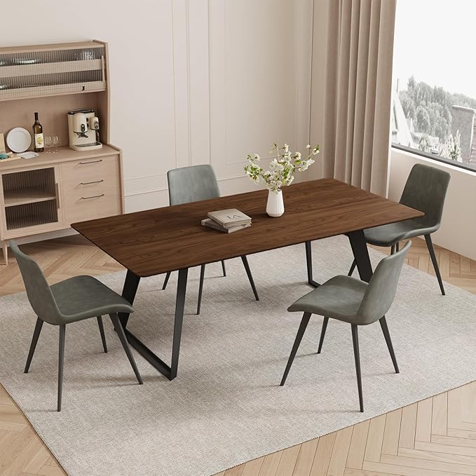 ZckyCine 63"-79" Extendable Dining Table Set for 6, Modern Walnut Color Table with 6 Brown Chairs, Retractable Wood Table and Chair Set for Kitchen and Dining Room