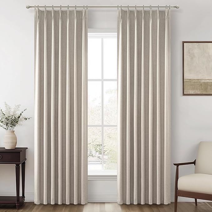 Grey Flax Linen 92 Inch Length Pinch Pleated Viral Thick Curtains Blackout & Drapes 2 Panels Set for Living Room, Windows Bug with Memory Trained Beige Back Tab for Traverse Rods (40"Wx92"Lx2)
