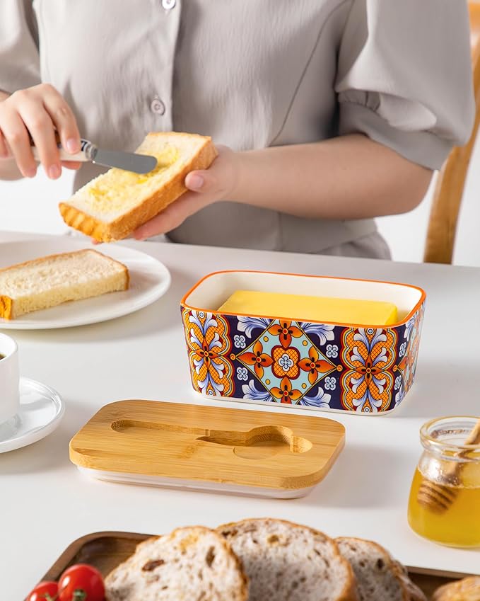 vancasso SIMI Butter Dish with Lid, 6.5" Large Butter Dish for Countertop, Bohemian Ceramic Butter Keeper Container with Knife and Bamboo Lid, Butter Holder for Counter, Amber Elegance