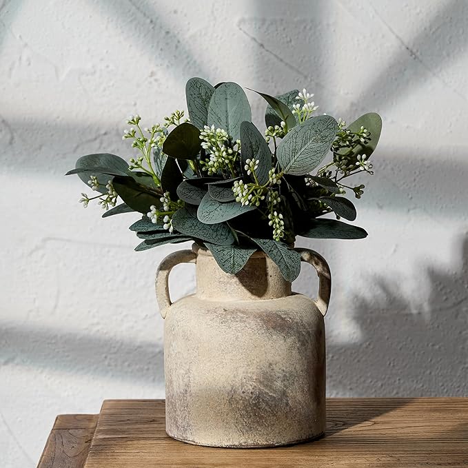 Antique Ceramic Vase with 2 Handles, 6.1 Inch Farmhouse Rustic Flower Vase, Small Vintage Terra Cotta Vases for Home Decor, Wedding, Living Room, Table, Shelf Decor, Neutral