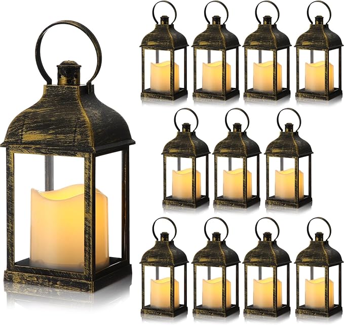 12 Set 10 Inch Bronze Decorative Candle Lanterns Bulk Lanterns Centerpiece with LED Flameless Candle Indoor Outdoor Battery Powered Hanging Lights for Wedding Halloween Thanksgiving Christmas