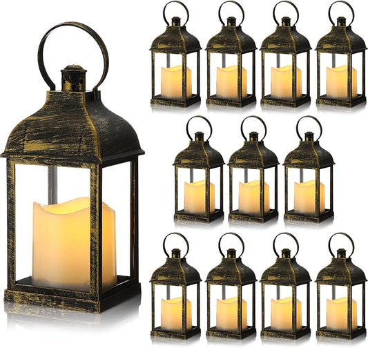 12 Set 10 Inch Bronze Decorative Candle Lanterns Bulk Lanterns Centerpiece with LED Flameless Candle Indoor Outdoor Battery Powered Hanging Lights for Wedding Halloween Thanksgiving Christmas