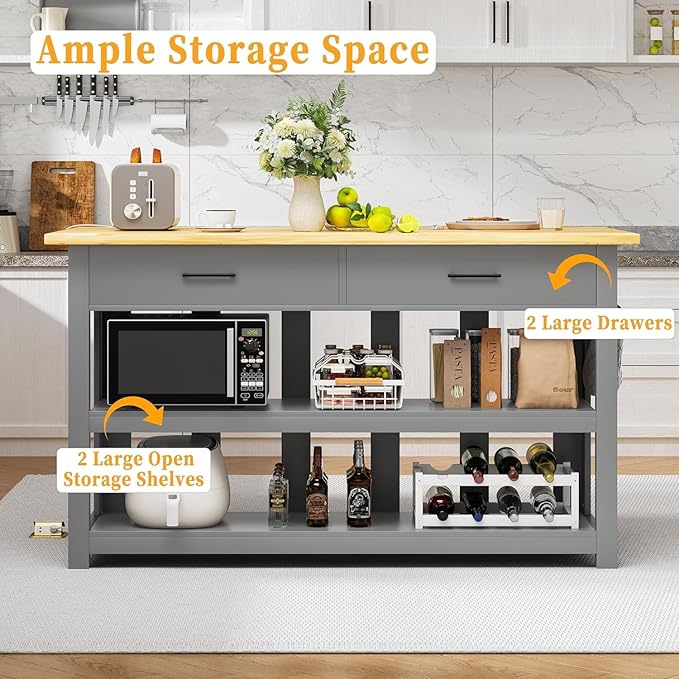 47.3" Solid Rubberwood Kitchen Island with Power Outlets - Extra Large Work Surface, 2 Drawers & Open Shelves Storage Cabinet for Kitchen Dining Room, Farmhouse Style (Grey)
