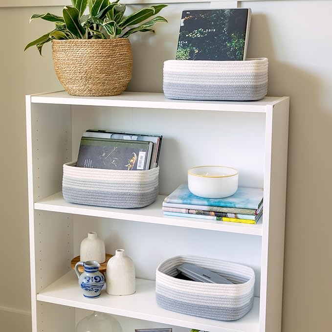 NaturalCozy 11.8"x8"x4.5” Rectangle Storage Baskets for Shelves 3 Pack | Cotton Rope Woven Small Baskets for Organizing | Small Storage Bins for Nursery, Bathroom, Closet, Shelf, Decorative, Gift