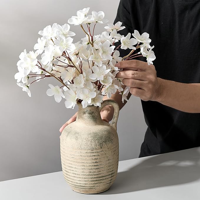 SIDUCAL Rustic Ceramic Farmhouse Flower Vase with 1 Handle-Height 8.43" Terracotta Vase, Unique Textured Pottery Flower Vases for Home Decor, Table, Wedding, Living Room, Shelf Decor, Terra