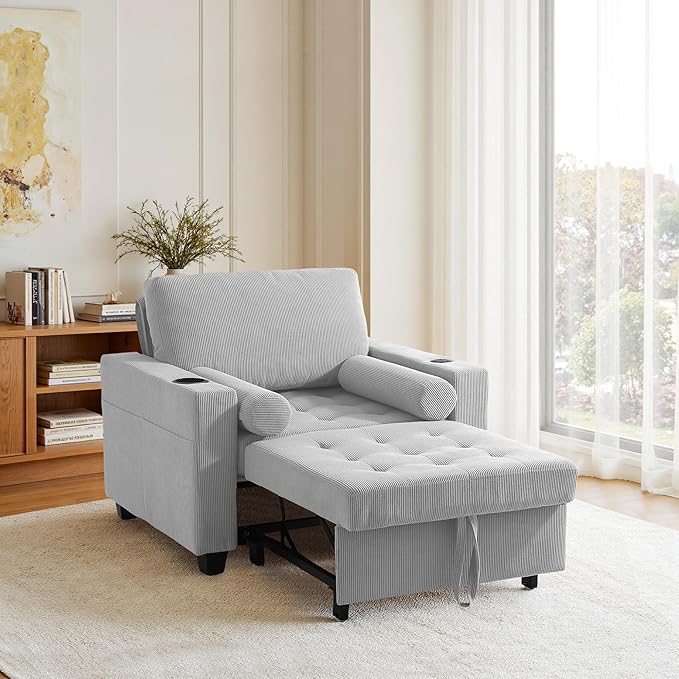 UIXE 3-in-1 Sleeper Chair Pull Out Sofa Bed, Convertible Reclining Seat Upholstered Armchair, Adjustable Backrest Recliner Chair with Side Pockets, Cup Holder & USB Ports - Light Gray