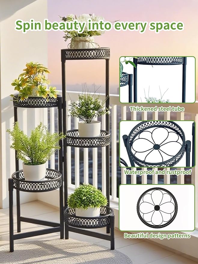 Plant Stand Indoor Outdoor, 5 Tier Corner Metal Flower Display Holder Stand, Folding Tall Plant Rack for Patio Balcony Porch Garden Living Room House, Heavy Duty Wrought Iron Plant Shelf - BlackFlower