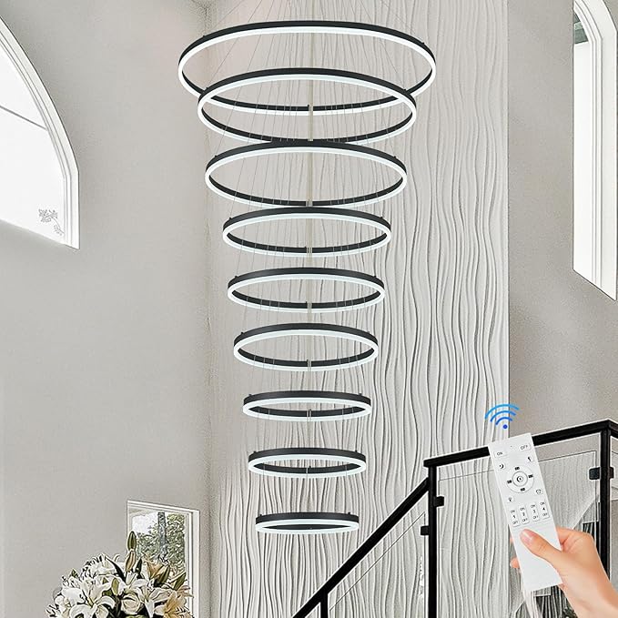 9-Rings D39.4’’ Modern LED Chandelier Black Dimmable High Ceiling Foyer Chandeliers Entryway with Remote Control for Staircase Entryway Living Room Foyer, 3000K-6500K