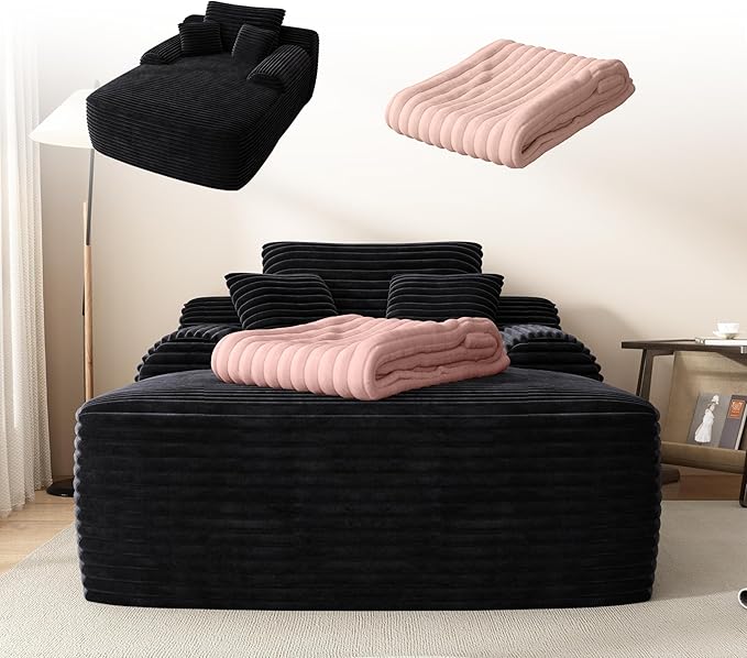67" Oversized Chaise Lounge Chair with Cover, Comfy Sleeper Sofa Bed, Black Plush Corduory Couch for Living Room,Sofa in A Box,No Assembly Required (Pink Plush Corduroy Cover).