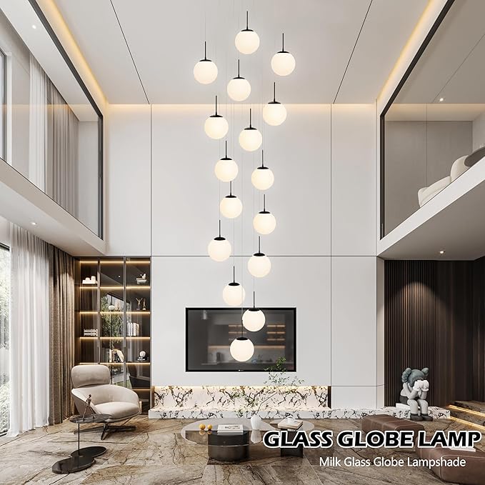 KoKo&Yukina 16-Light Black Mid Century Modern Chandelier for Living Room Staircase Chandelier for Entryway Globe Milky White Glass Pendant Light High Ceiling Chandeliers Foyer (Bulb & Remote Incl.)