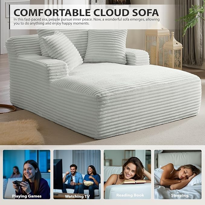Oversized Chaise Lounge Chair Indoor, Corduroy Sofa Bed with Throw Pillows, Cozy Cloud Couch, Upholstered Sleeper Sofa Couch for Living Room, Bedroom, Apartment, Light Gray