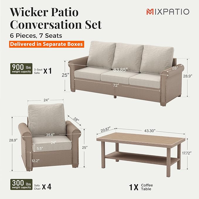 Patio Furniture Set 6 pcs, Wicker Outdoor Patio Furniture, 3-Seat Sofa, 4 Single Chairs and 56" Gas Fire Pit Table, Rattan Patio Conversation Set for Backyard Deck, Beige