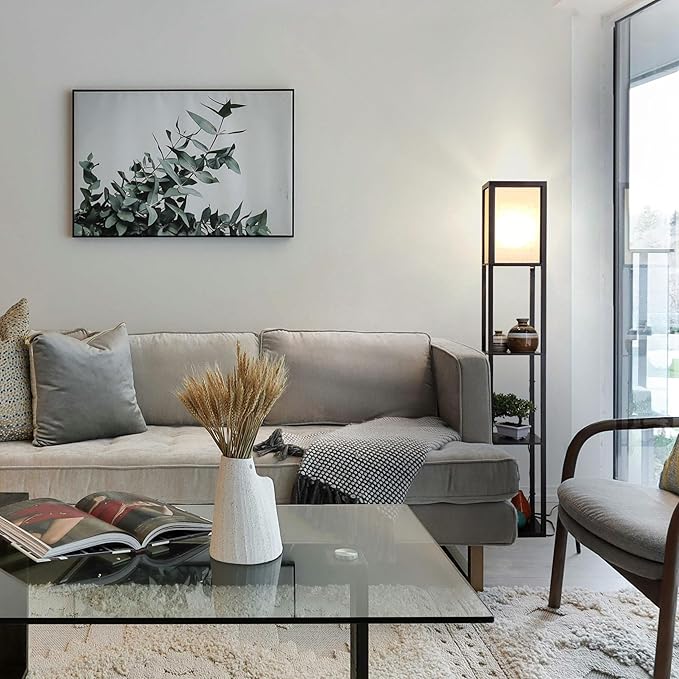 Brightech Maxwell - Modern Shelf Floor Lamp with Shade and LED Bulb Corner Display Lamps Shelves for Living Room, Bedroom Office Black