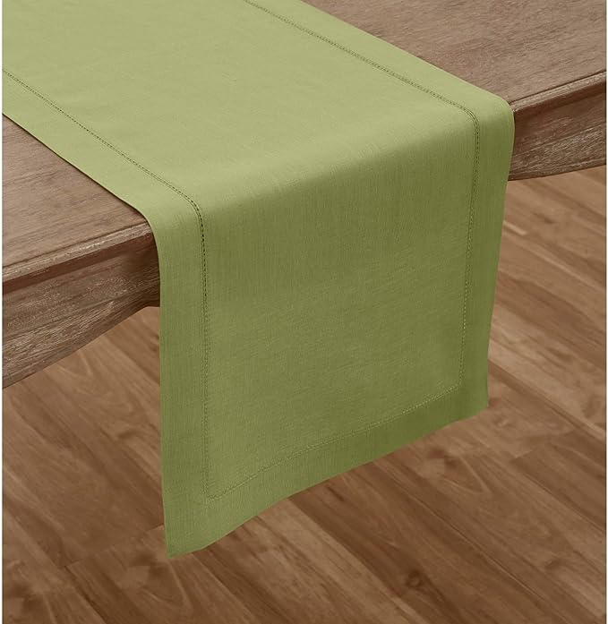 Solino Home Linen Moss Green Table Runner 156 Inches Long - 100% Pure Linen Extra Long Table Runner 14 x 156 Inch for Fall, Autumn, Thanksgiving - Classic Hemstitch