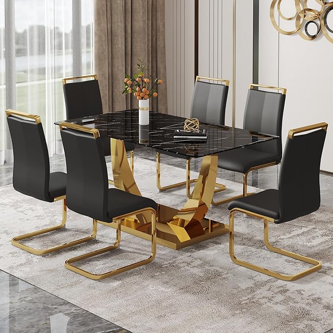 63” Faux Marble Dining Table Set for 6,Black Dining Room Table Set for 6, Rectangle Kitchen Table Set with PU Leather Chairs,Gold Dinner Table Set with Tempered Glass Top and Gold Base