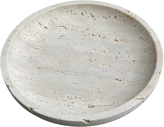 Natural Travertine Round Decorative Tray - 8-inch Beige Stone Vanity Bowl, Anti-Slip Organizer Plate for Bathroom, Kitchen, Home Décor, Candles, Jewelry Display, 3/4-inch Height