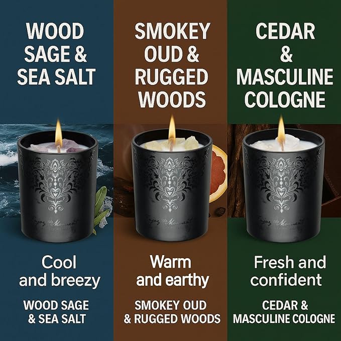 Luxury Black Scented Candles Gift Set for Men – 3x7oz Soy & Beeswax Crystal Candles with Wick Trimmer & Snuffer Lid, Aromatherapy Candles for Home Scented, Masculine Gift for Men & Women