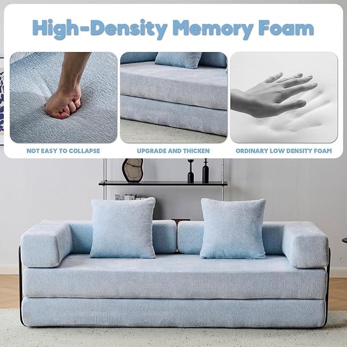 Convertible Folding Mattress Couch, Floor Sofa Bed with Fixed-Shape Frame, Corduroy Floor Sofa with Armrest, Floor Sofa Lounge Couch for Living Room Bedroom Lounge Studio-Light Sky Blue