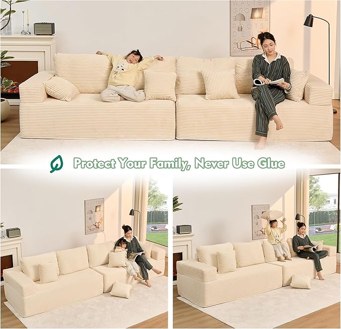 138" Modular Sofa Memory Foam Sectional Couches for Living Room, Sleeper Sofa Bed, Corduroy, White