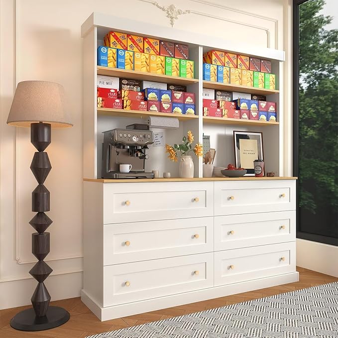 71" Farmhouse Kitchen Pantry Cabinet Set of 2 with Drawers, White Freestanding Coffee Bar Hutch with Microwave Stand, Large Storage Cabinet with Adjustable Shelves for Kitchen, Living Room