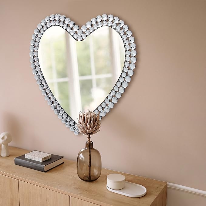 BST Furnishings Heart Shaped Mirror - 24 Inch Decorative Wall Mirror with Crystal Framed Heart