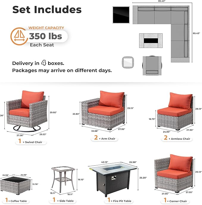 ovios 9 Pieces Patio Furniture Set, Outdoor Wicker Sectional Sofa with 42" Firepit Table Swivel Chair, Modern Modular Deep Seat Rattan Couch Conversation Sets, Orange Red