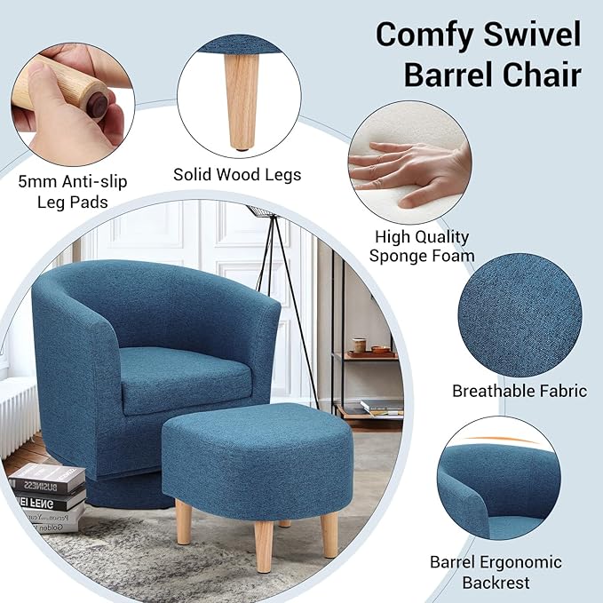 DAZONE Swivel Accent Chair, Modern Barrel Chair with Ottoman, Comfy Swivel Armchair Living Room Chairs 360 Degree Upholstered Round Club Tub Chairs for Bedroom Reading Room, Blue