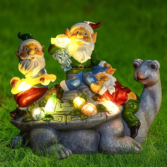 Upgraded Size Solar Garden Outdoor Statues Three Gnomes having party on turtle with 7 LED Solar Figurine for Lawn,Patio,Balcony,Yard Decor Unique Housewarming Gift, for grandfather, Father,Grandma,Wen