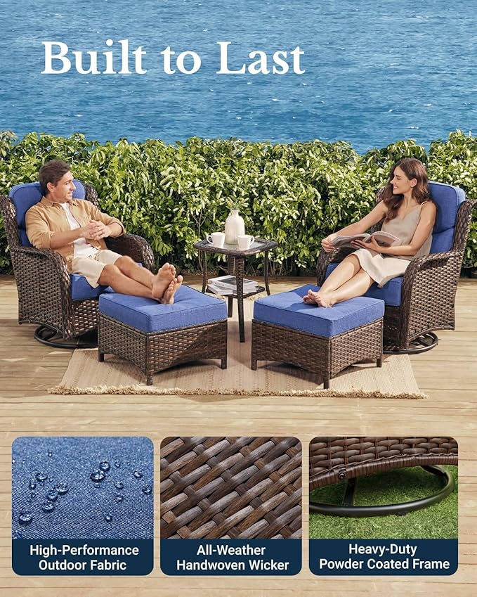 HILLGA Luxury High Back Patio Furniture Set with 6-Inch Thick Cushion, 6-Piece Outdoor Conversation Set with Corner Sofa, Swivel Rocker Chairs & Ottomans, Ideal for Porch Pool Deck Yard (Blue)