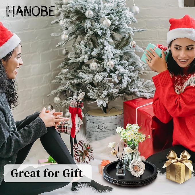 Hanobe Decorative Serving Tray Wood: Black Bead Round Tray for Coffee Table Rustic Wooden Trays Decor Farmhouse Kitchen Counter Circle Tray Vintage Centerpiece for Living Room Home Organizer