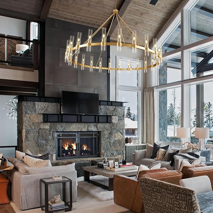 Gold Wagon Wheel Chandelier, 70 Inch Glass Chandeliers, 24 Light Chandelier for High Ceiling, Modern Farmhouse Chandeliers for Living Room, Dining Room, Entryway, Stairwell(Bulbs Included)